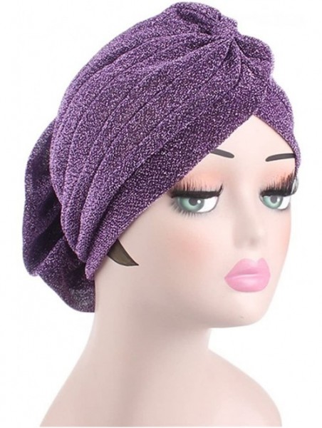 Skullies & Beanies Luxury Stretchable Glitter Flower Chemo Beanie Hair Loss Turban - Purple - CU18EQKNXC0 $13.89