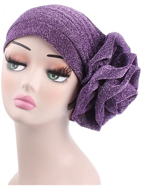 Skullies & Beanies Luxury Stretchable Glitter Flower Chemo Beanie Hair Loss Turban - Purple - CU18EQKNXC0 $13.89