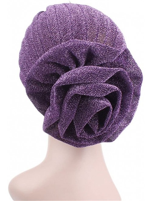 Skullies & Beanies Luxury Stretchable Glitter Flower Chemo Beanie Hair Loss Turban - Purple - CU18EQKNXC0 $13.89