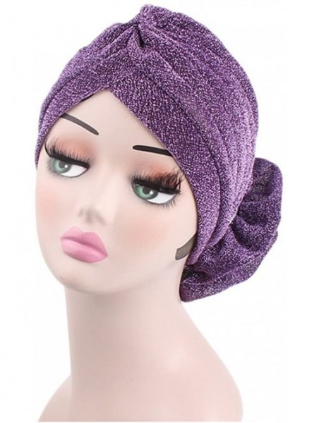 Skullies & Beanies Luxury Stretchable Glitter Flower Chemo Beanie Hair Loss Turban - Purple - CU18EQKNXC0 $13.89