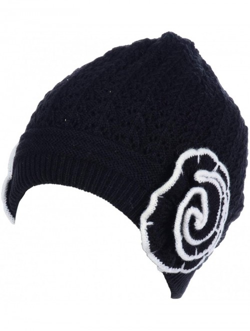 Skullies & Beanies Womens Winter Knit Plush Fleece Lined Beanie Ski Hat Sk Skullie Various Styles - Double Flower Black - C61...
