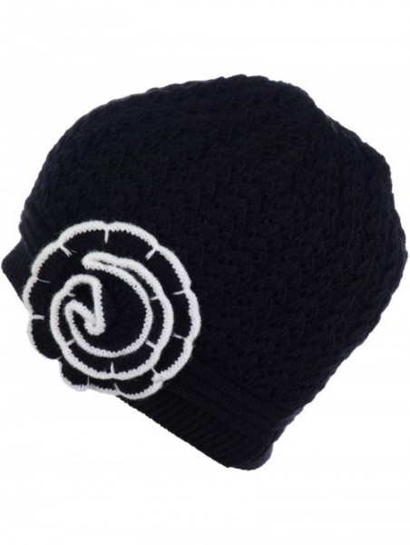 Skullies & Beanies Womens Winter Knit Plush Fleece Lined Beanie Ski Hat Sk Skullie Various Styles - Double Flower Black - C61...