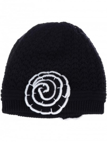 Skullies & Beanies Womens Winter Knit Plush Fleece Lined Beanie Ski Hat Sk Skullie Various Styles - Double Flower Black - C61...