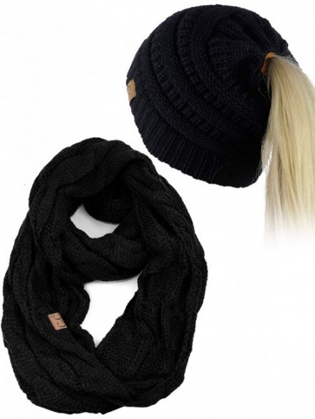 Skullies & Beanies BeanieTail Messy High Bun Cable Knit Beanie and Infinity Loop Scarf Set- Black - C418KI0I9ZY $24.86