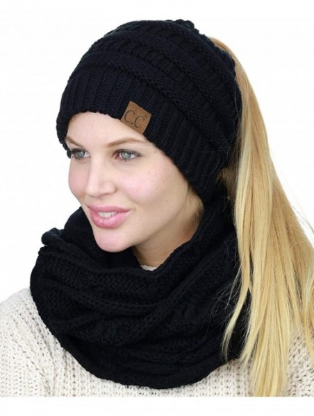 Skullies & Beanies BeanieTail Messy High Bun Cable Knit Beanie and Infinity Loop Scarf Set- Black - C418KI0I9ZY $24.86