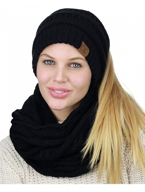 Skullies & Beanies BeanieTail Messy High Bun Cable Knit Beanie and Infinity Loop Scarf Set- Black - C418KI0I9ZY $24.86