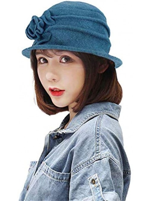 Bucket Hats Womens Girls Warm Wool Cloche Round Hat Wrinkled Floral Fedora Bucket Vintage Hat for Ladies - Blue - CB18KHHC5KE...