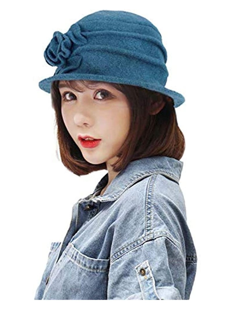 Bucket Hats Womens Girls Warm Wool Cloche Round Hat Wrinkled Floral Fedora Bucket Vintage Hat for Ladies - Blue - CB18KHHC5KE...