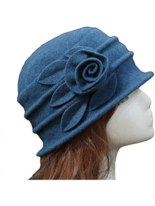 Bucket Hats Womens Girls Warm Wool Cloche Round Hat Wrinkled Floral Fedora Bucket Vintage Hat for Ladies - Blue - CB18KHHC5KE...