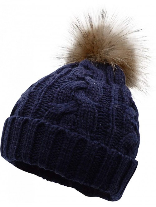 Skullies & Beanies Women's Winter Hand Knit Real Fur Pompoms Beanie Hat-Navy - C312N1SBO1L $21.48