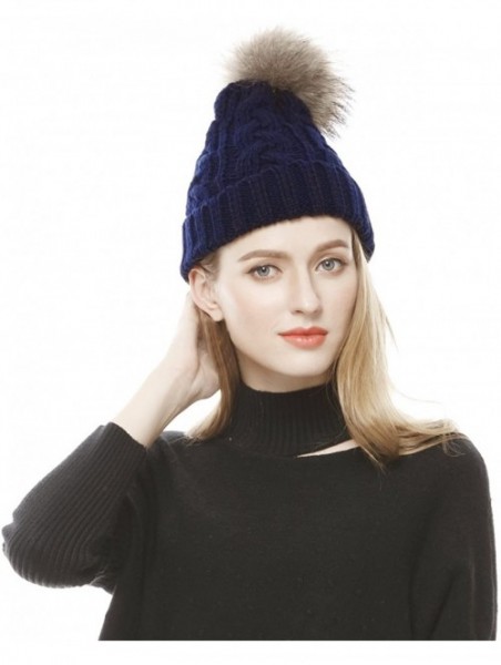 Skullies & Beanies Women's Winter Hand Knit Real Fur Pompoms Beanie Hat-Navy - C312N1SBO1L $21.48