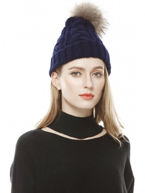 Skullies & Beanies Women's Winter Hand Knit Real Fur Pompoms Beanie Hat-Navy - C312N1SBO1L $21.48