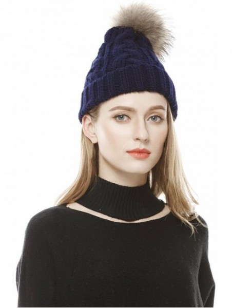 Skullies & Beanies Women's Winter Hand Knit Real Fur Pompoms Beanie Hat-Navy - C312N1SBO1L $21.48