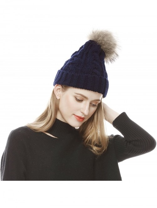 Skullies & Beanies Women's Winter Hand Knit Real Fur Pompoms Beanie Hat-Navy - C312N1SBO1L $21.48