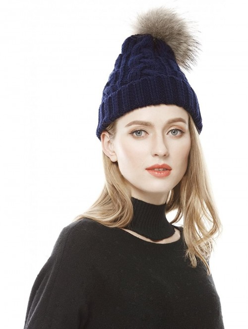 Skullies & Beanies Women's Winter Hand Knit Real Fur Pompoms Beanie Hat-Navy - C312N1SBO1L $21.48