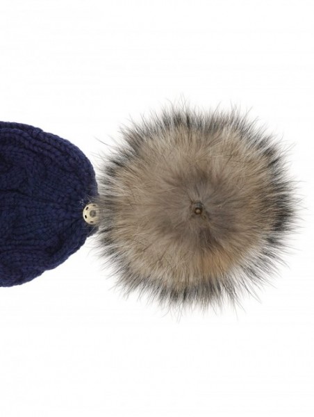 Skullies & Beanies Women's Winter Hand Knit Real Fur Pompoms Beanie Hat-Navy - C312N1SBO1L $21.48