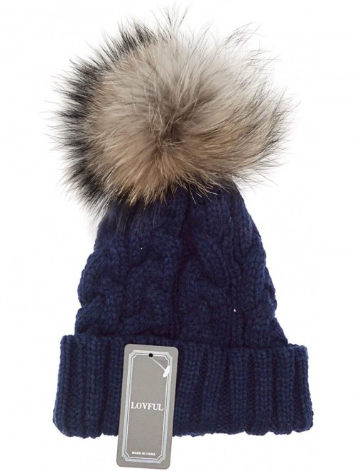 Skullies & Beanies Women's Winter Hand Knit Real Fur Pompoms Beanie Hat-Navy - C312N1SBO1L $21.48