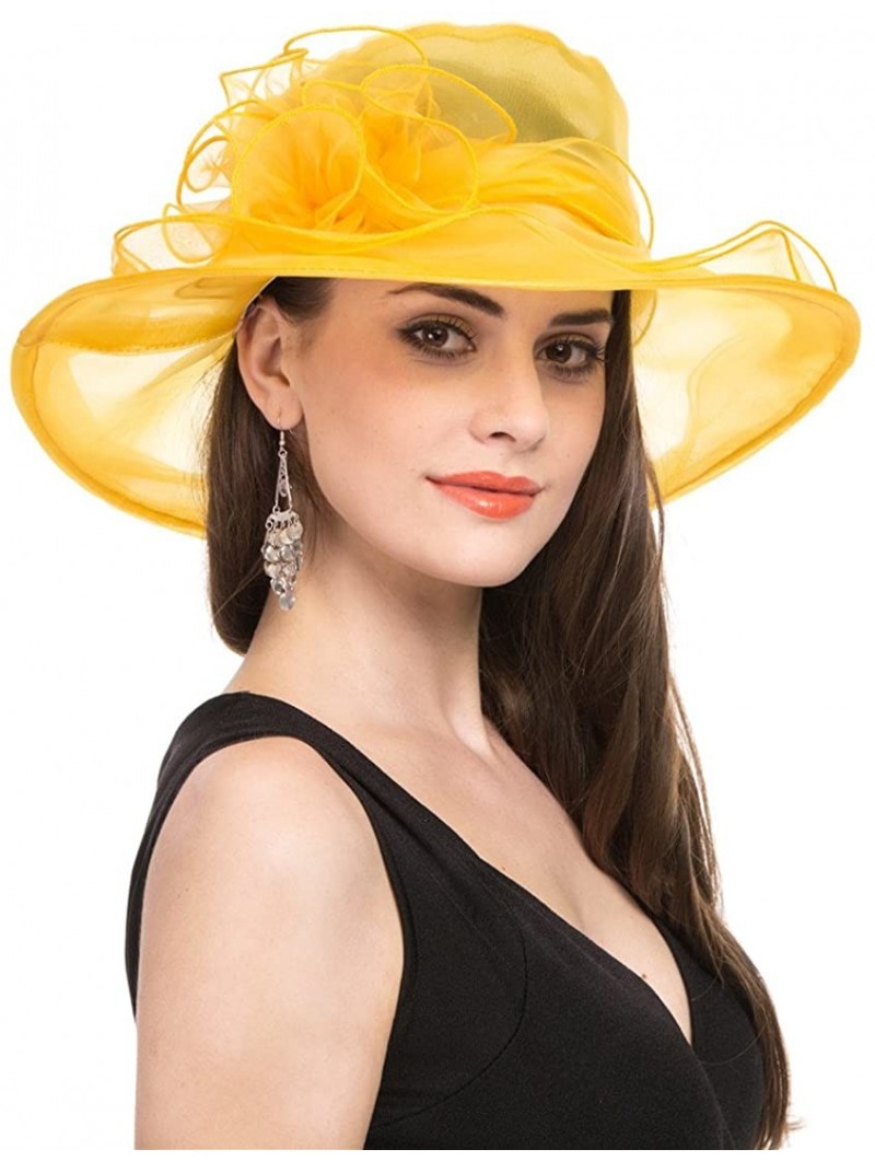 Sun Hats Women Kentucky Derby Church Beach Fascinators Hat Wide Floral Brim Flat Hat with Bowknot - Yellow - C818028X79S $15.87