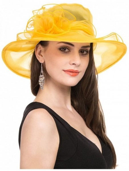 Sun Hats Women Kentucky Derby Church Beach Fascinators Hat Wide Floral Brim Flat Hat with Bowknot - Yellow - C818028X79S $15.87