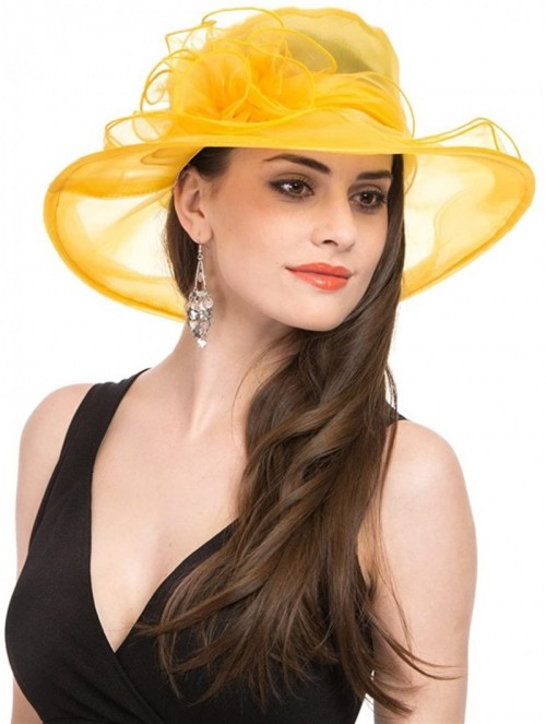 Sun Hats Women Kentucky Derby Church Beach Fascinators Hat Wide Floral Brim Flat Hat with Bowknot - Yellow - C818028X79S $15.87