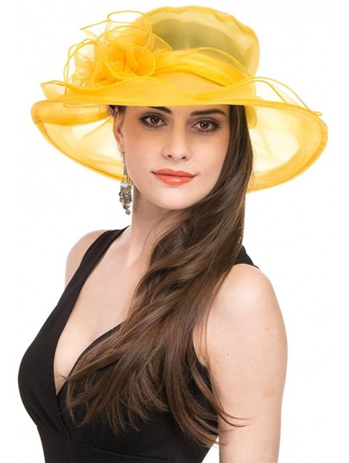 Sun Hats Women Kentucky Derby Church Beach Fascinators Hat Wide Floral Brim Flat Hat with Bowknot - Yellow - C818028X79S $15.87