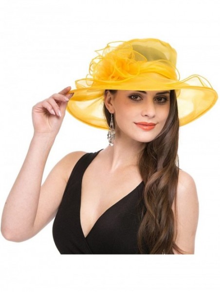 Sun Hats Women Kentucky Derby Church Beach Fascinators Hat Wide Floral Brim Flat Hat with Bowknot - Yellow - C818028X79S $15.87