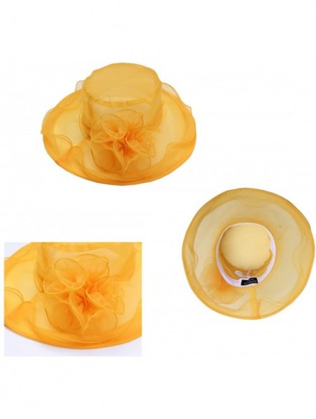 Sun Hats Women Kentucky Derby Church Beach Fascinators Hat Wide Floral Brim Flat Hat with Bowknot - Yellow - C818028X79S $15.87