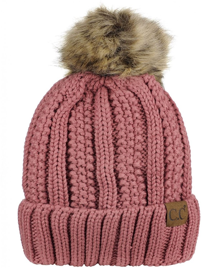 Skullies & Beanies Thick Cable Knit Faux Fuzzy Fur Pom Fleece Lined Skull Cap Cuff Beanie - Mauve - CR18GX965CG $17.56