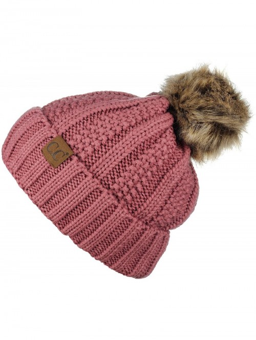 Skullies & Beanies Thick Cable Knit Faux Fuzzy Fur Pom Fleece Lined Skull Cap Cuff Beanie - Mauve - CR18GX965CG $17.56