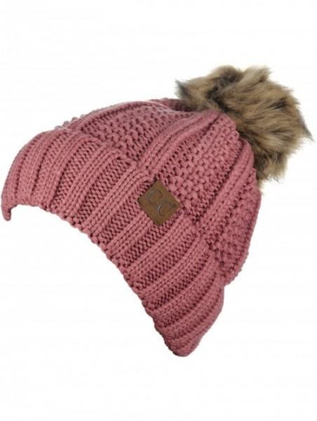 Skullies & Beanies Thick Cable Knit Faux Fuzzy Fur Pom Fleece Lined Skull Cap Cuff Beanie - Mauve - CR18GX965CG $17.56