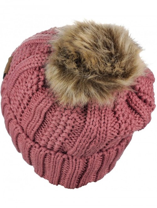 Skullies & Beanies Thick Cable Knit Faux Fuzzy Fur Pom Fleece Lined Skull Cap Cuff Beanie - Mauve - CR18GX965CG $17.56