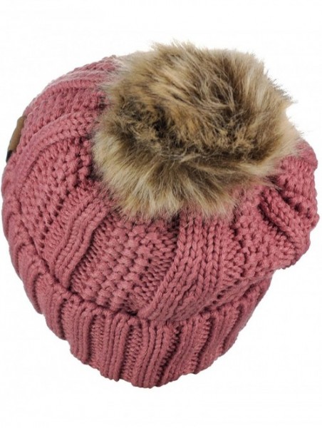 Skullies & Beanies Thick Cable Knit Faux Fuzzy Fur Pom Fleece Lined Skull Cap Cuff Beanie - Mauve - CR18GX965CG $17.56