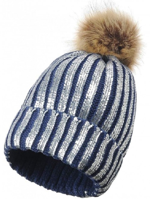 Skullies & Beanies Women Winter Warm Knit Thick Skull Hat Cap Pom Pom Shiny Slouchy Beanie Hats - Cuffed-light Navy Blue-sliv...