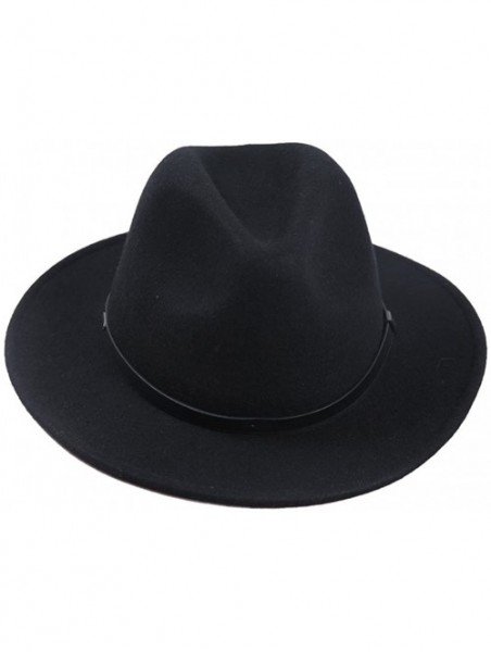 Fedoras Womens Belt Buckle Fedora Hat Wide Brim Wool Felt Trilby Panama Hat - 085 Black - C212MIKSKR1 $26.00