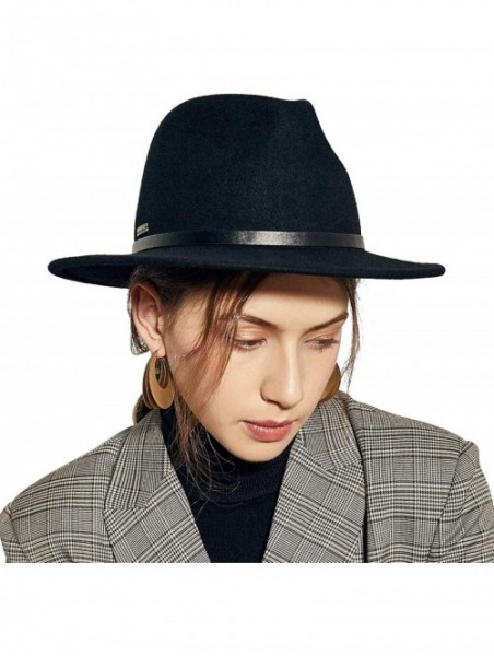 Fedoras Womens Belt Buckle Fedora Hat Wide Brim Wool Felt Trilby Panama Hat - 085 Black - C212MIKSKR1 $26.00