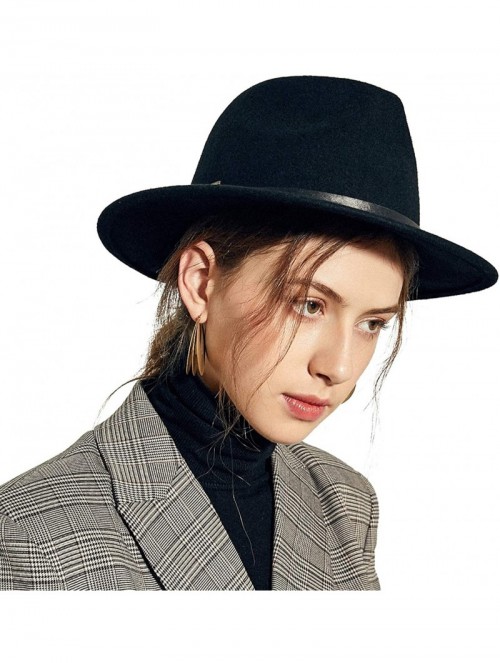 Fedoras Womens Belt Buckle Fedora Hat Wide Brim Wool Felt Trilby Panama Hat - 085 Black - C212MIKSKR1 $26.00