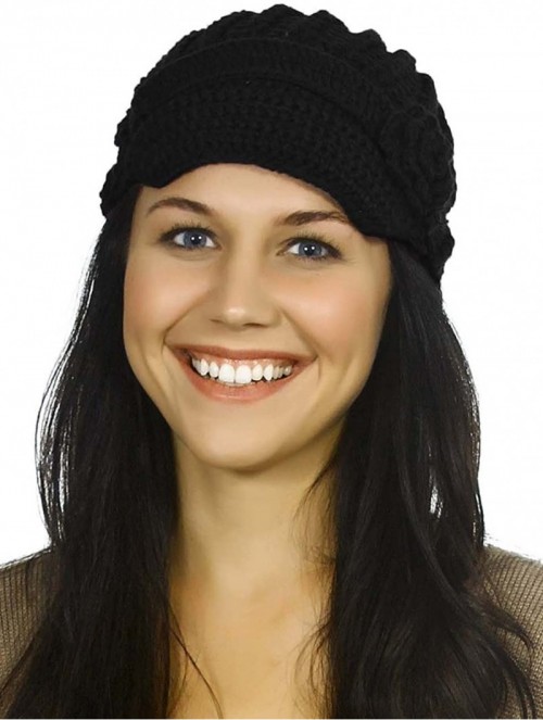 Skullies & Beanies Women's Winter Knit Visor Hat Ski/Snowboard Beanie with Flower - 1127_black - C912ODN1L62 $21.01