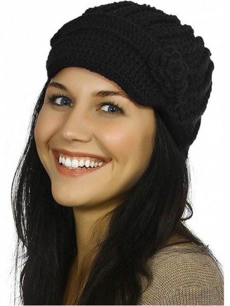 Skullies & Beanies Women's Winter Knit Visor Hat Ski/Snowboard Beanie with Flower - 1127_black - C912ODN1L62 $21.01