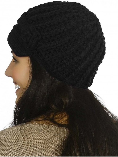 Skullies & Beanies Women's Winter Knit Visor Hat Ski/Snowboard Beanie with Flower - 1127_black - C912ODN1L62 $21.01