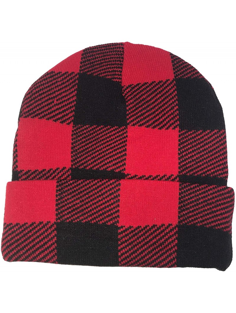 Skullies & Beanies Red Black Buffalo Plaid Flannel Look Cuffed Long Winter Watch Stocking Cap Hat - CA18KI4D3C5 $21.35