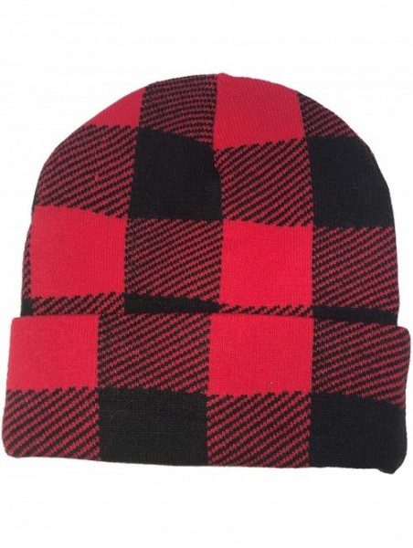 Skullies & Beanies Red Black Buffalo Plaid Flannel Look Cuffed Long Winter Watch Stocking Cap Hat - CA18KI4D3C5 $21.35