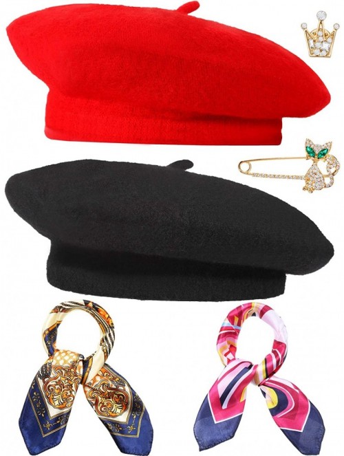 Berets 6 Pieces Wool Beret Hat Solid Color French Beanie Hat with Silky Scarf Brooch - Black and Red - CA18XNNU7NW $15.27