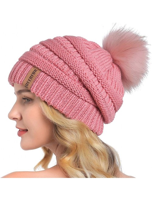 Skullies & Beanies Winter Real Fur Pom Pom Beanie Warm Oversized Chunky Cable Knit Slouch Beanie Hats for Women - Single Pink...