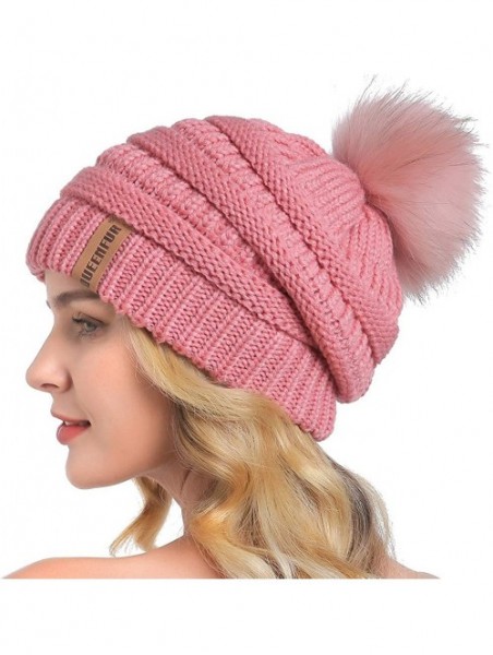 Skullies & Beanies Winter Real Fur Pom Pom Beanie Warm Oversized Chunky Cable Knit Slouch Beanie Hats for Women - Single Pink...