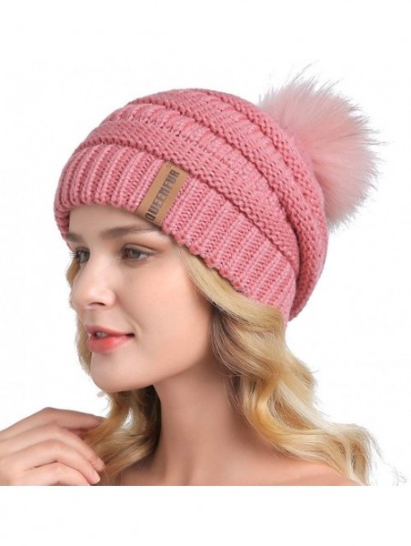 Skullies & Beanies Winter Real Fur Pom Pom Beanie Warm Oversized Chunky Cable Knit Slouch Beanie Hats for Women - Single Pink...