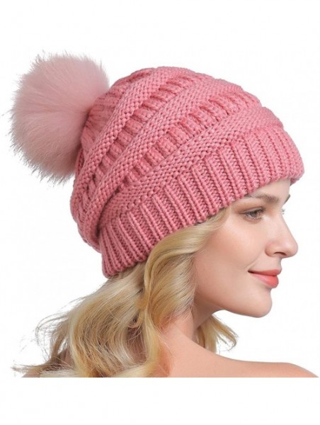 Skullies & Beanies Winter Real Fur Pom Pom Beanie Warm Oversized Chunky Cable Knit Slouch Beanie Hats for Women - Single Pink...