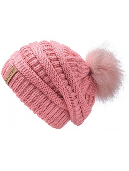 Skullies & Beanies Winter Real Fur Pom Pom Beanie Warm Oversized Chunky Cable Knit Slouch Beanie Hats for Women - Single Pink...