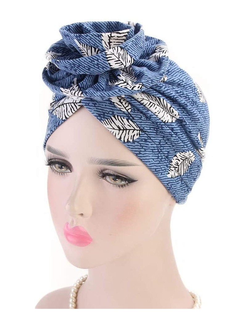 Skullies & Beanies Newest Beautiful Women India Muslim Stretch Turban Hat Retro Print Hair Loss Head Scarf Wrap (Sky Blue) - ...