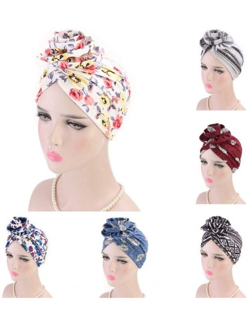 Skullies & Beanies Newest Beautiful Women India Muslim Stretch Turban Hat Retro Print Hair Loss Head Scarf Wrap (Sky Blue) - ...