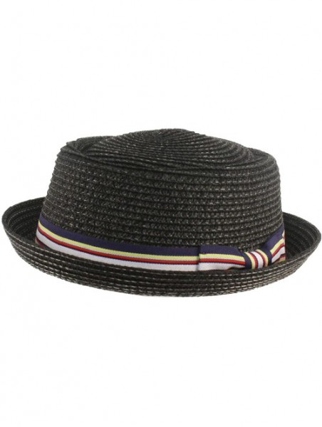 Fedoras Men's Fancy Summer Straw Pork Pie Derby Fedora Upturn Brim Hat - Black - CE11Z4EOF7D $27.00